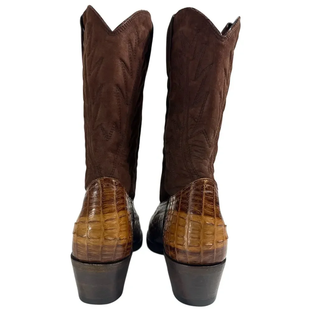 Men’s Custom Made Western Cowboy Boots Croc Embossed Leather Brown US 9.5 New